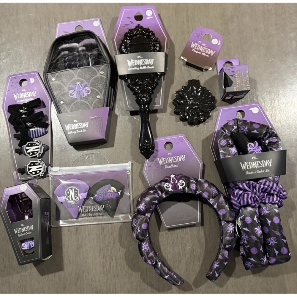 Wednesday X Primark Hair Accessory Set, makeup brushes, eyelash curler and lip